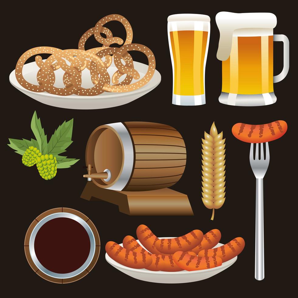 feliz celebración de oktoberfest con iconos de fiesta vector