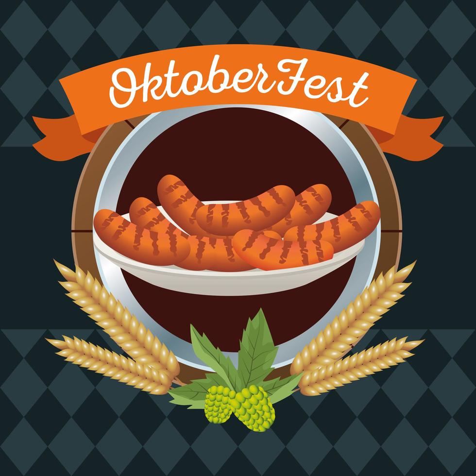 Feliz celebración de la Oktoberfest con salchichas en marco de madera vector