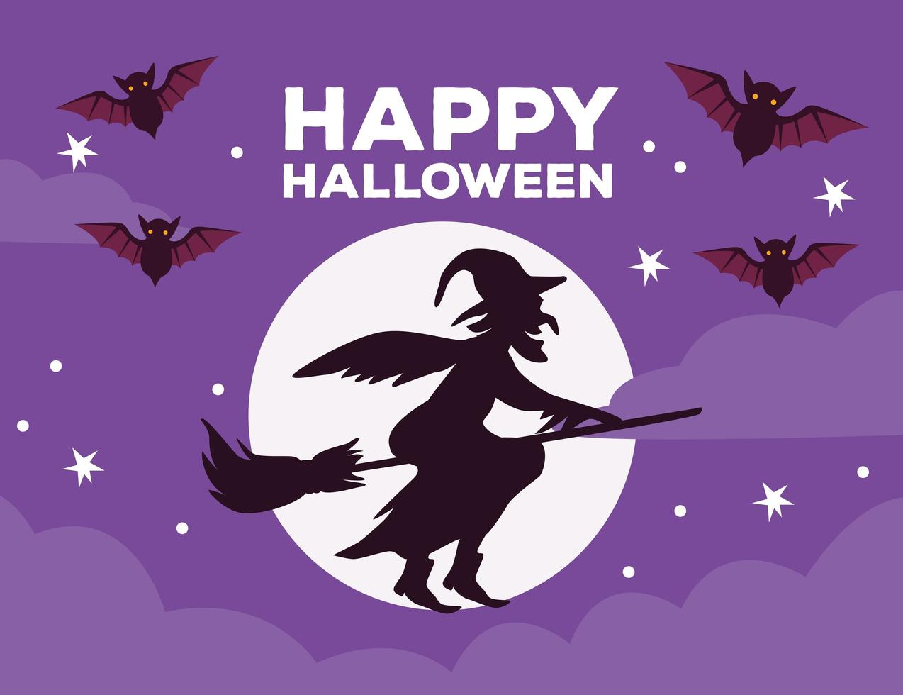 happy halloween celebration card with witch flying in broom and moon vector