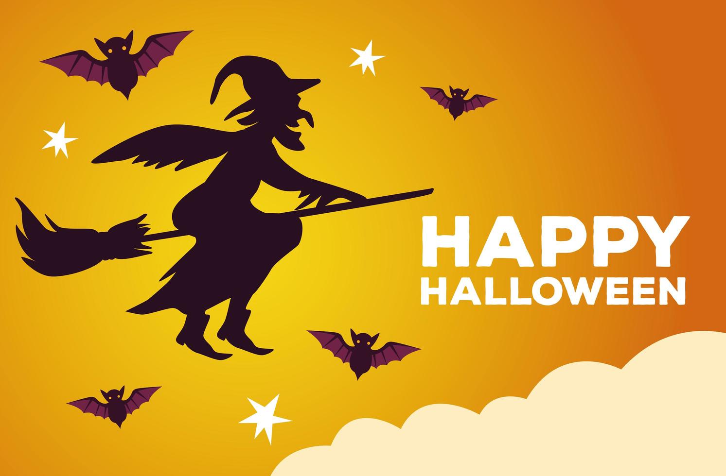 happy halloween celebration card with witch flying in broom vector