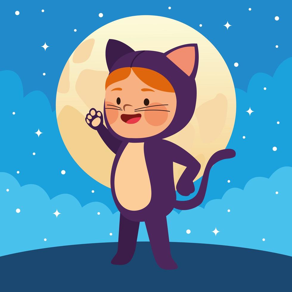 linda niña vestida como un gato y un personaje de noche de luna vector