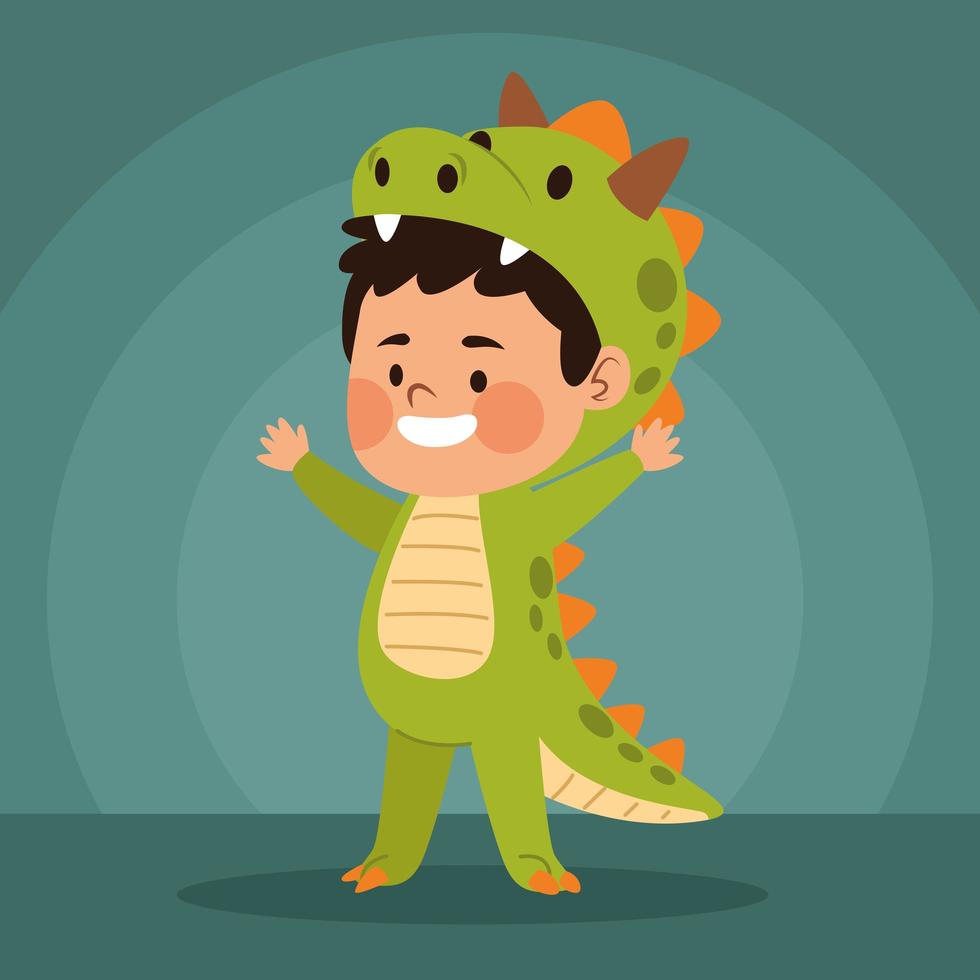 lindo niño vestido como un personaje de dinosaurio vector