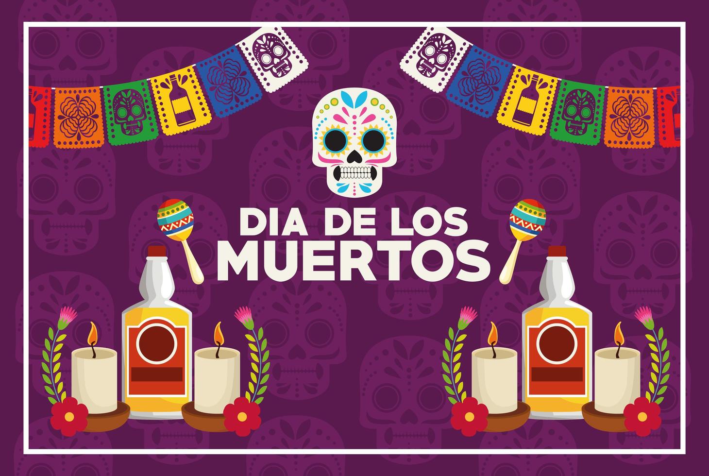 dia de los muertos celebration poster with skull and tequila bottles vector