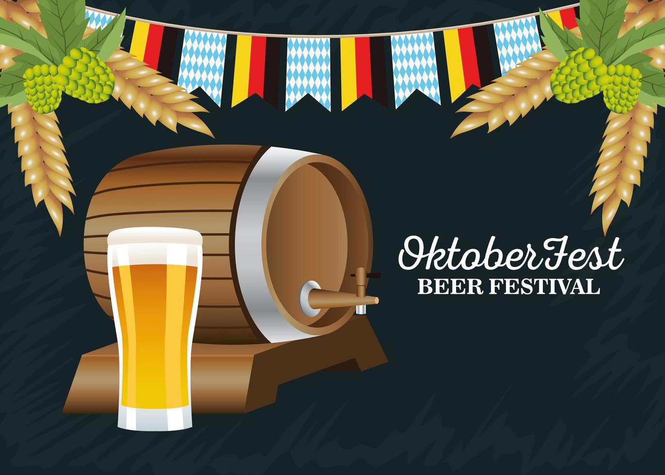 happy oktoberfest celebration barrel with beer glass and garlands vector