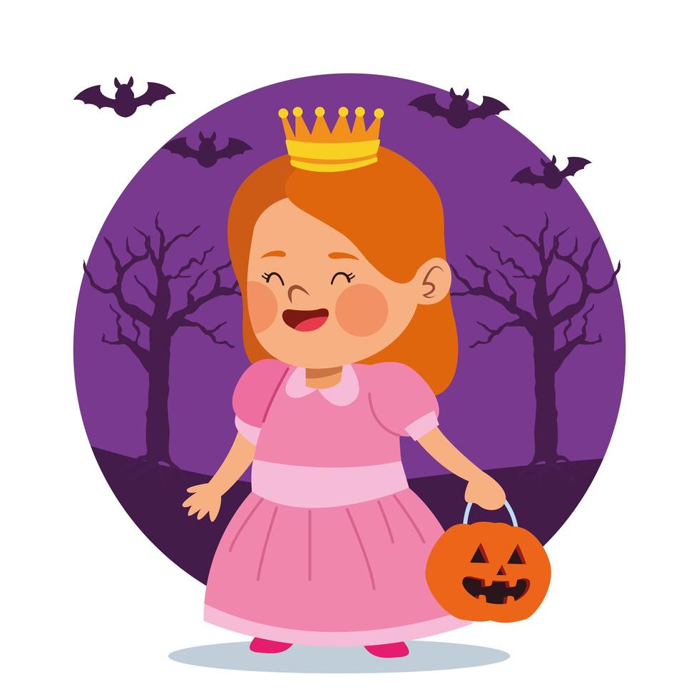 linda niña vestida como un personaje de princesa y murciélagos vector