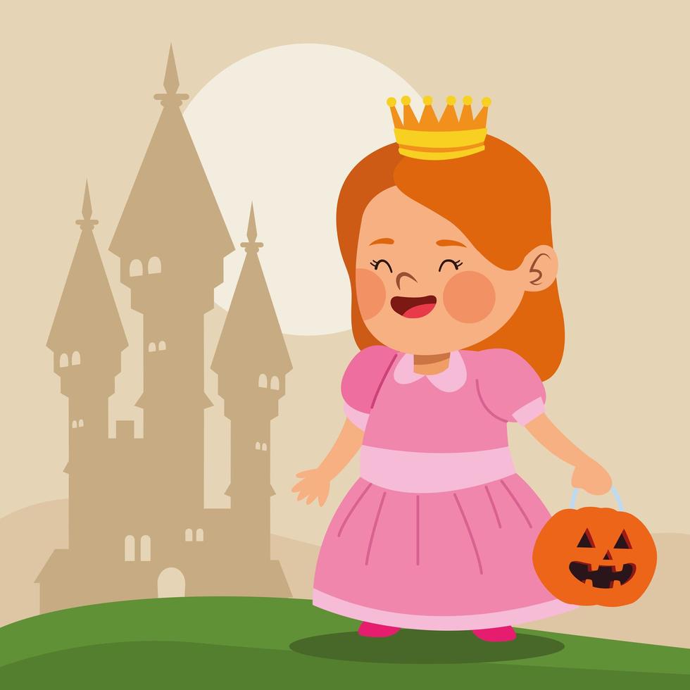 linda niña vestida como un personaje de princesa y un castillo vector