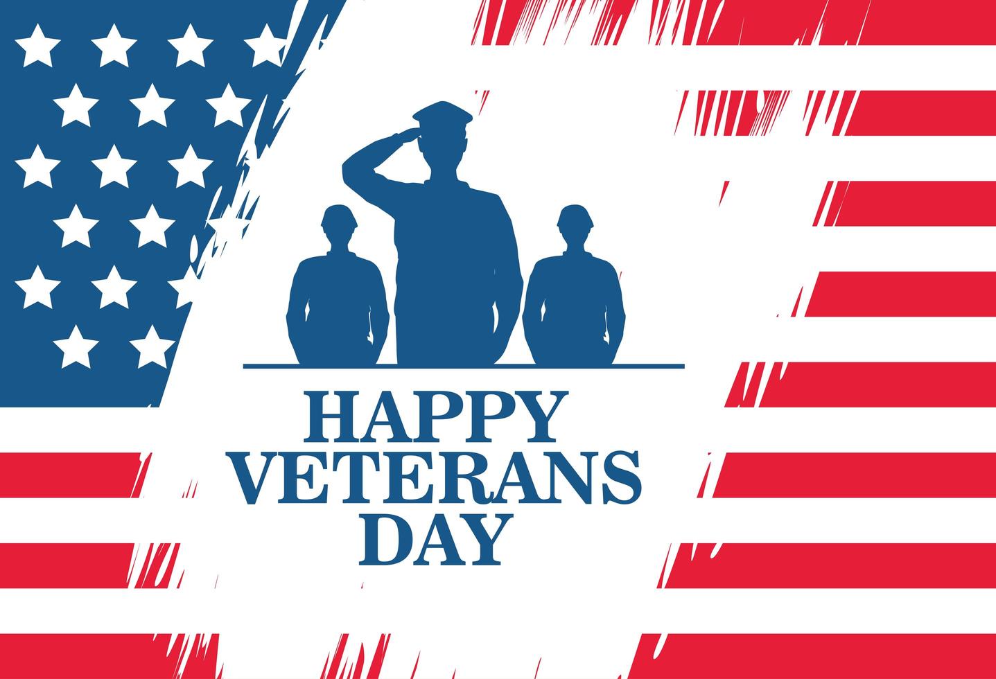 happy veterans day celebration with military officer and soldiers saluting in flag painted background vector