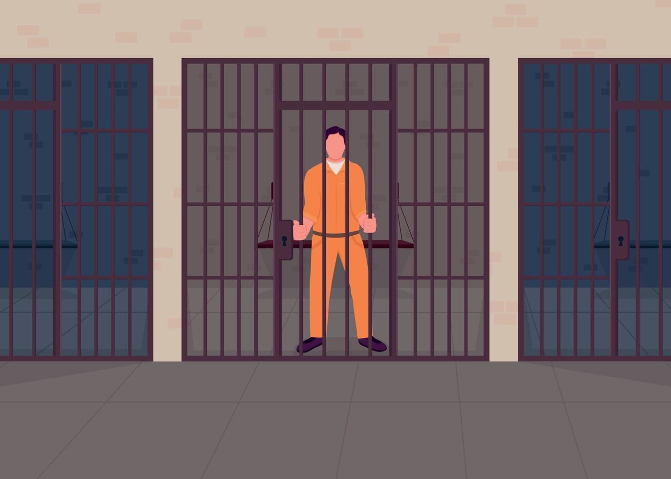 Criminal in prison flat color vector illustration
