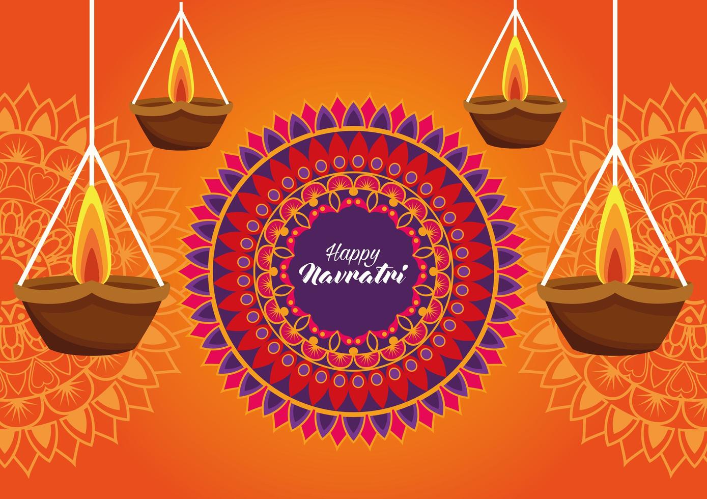 happy navratri celebration card with candles hanging and mandala vector