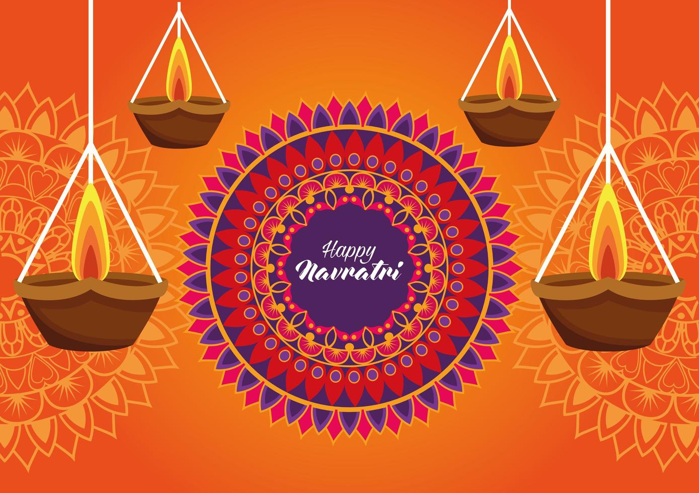 Feliz tarjeta de celebración navratri con velas colgando y mandala vector