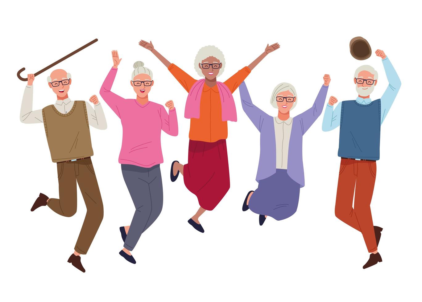 international older persons day with old people jumping celebrating vector