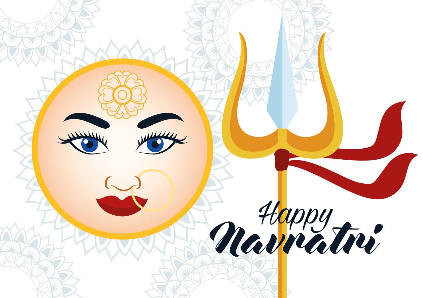 happy navratri celebration card with beautiful goddess face and trident vector
