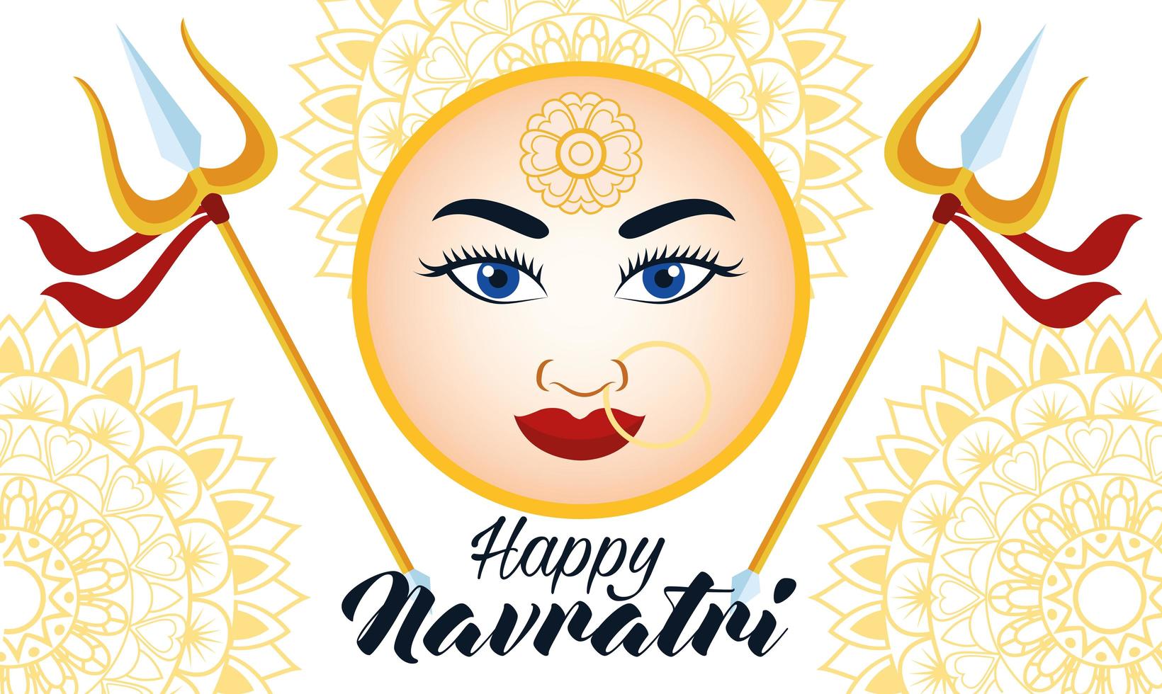 happy navratri celebration card with beautiful goddess face and tridents vector