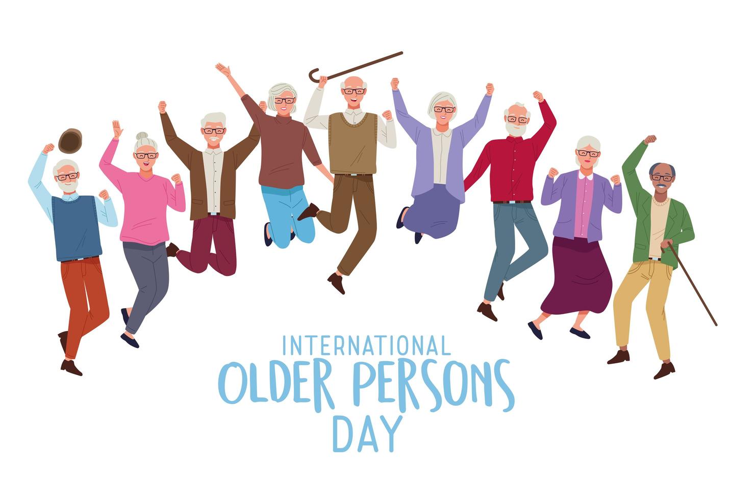 international older persons day lettering with old people jumping celebrating vector