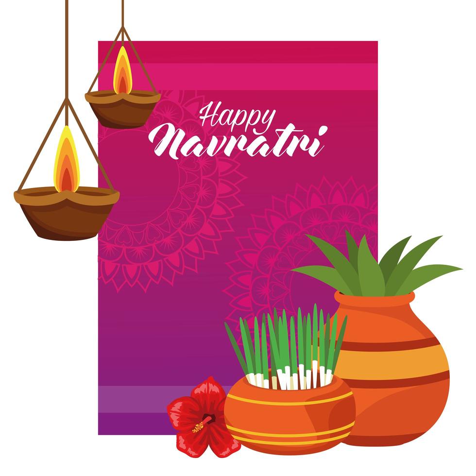 feliz tarjeta de celebración navratri con plantas de interior y velas vector