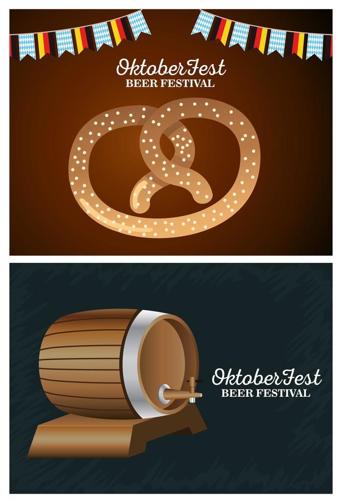 happy oktoberfest celebration with barrel and pretzel vector