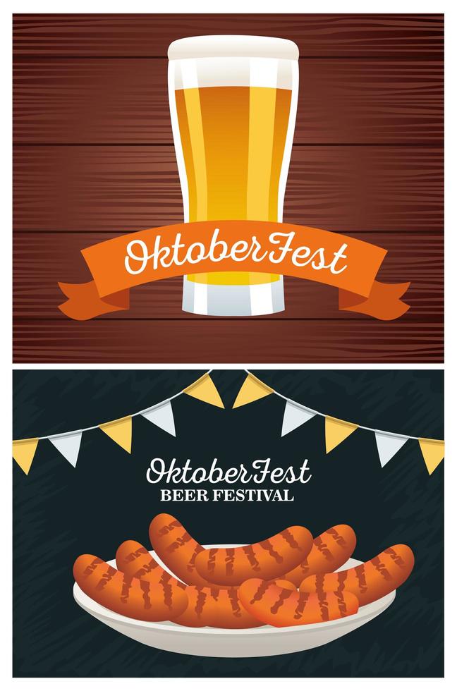 happy oktoberfest celebration with beer and sausages in dish vector