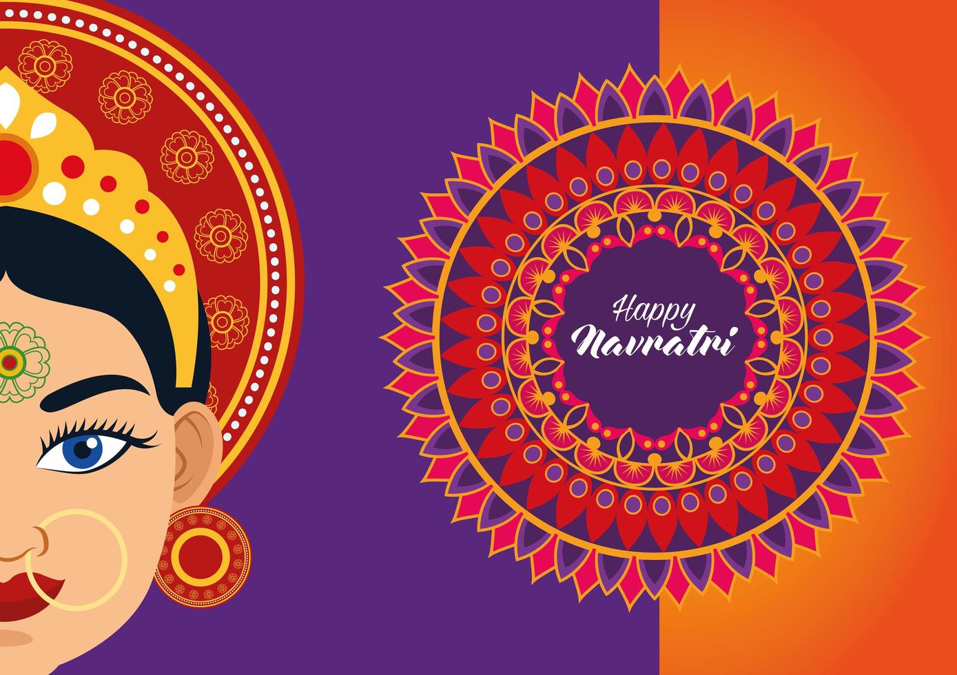 feliz tarjeta de celebración navratri con hermosa diosa y mandala vector