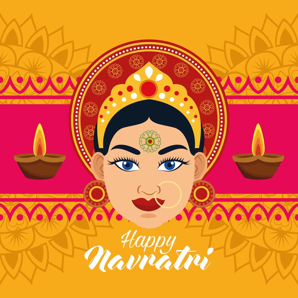 Feliz tarjeta de celebración navratri con hermosa diosa y marco de velas vector