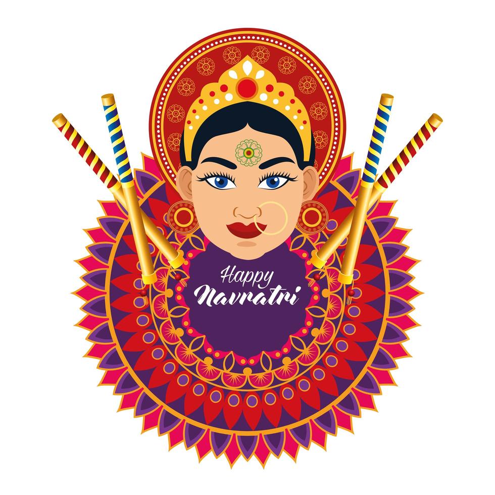 feliz tarjeta de celebración navratri con hermosa diosa y mandala vector