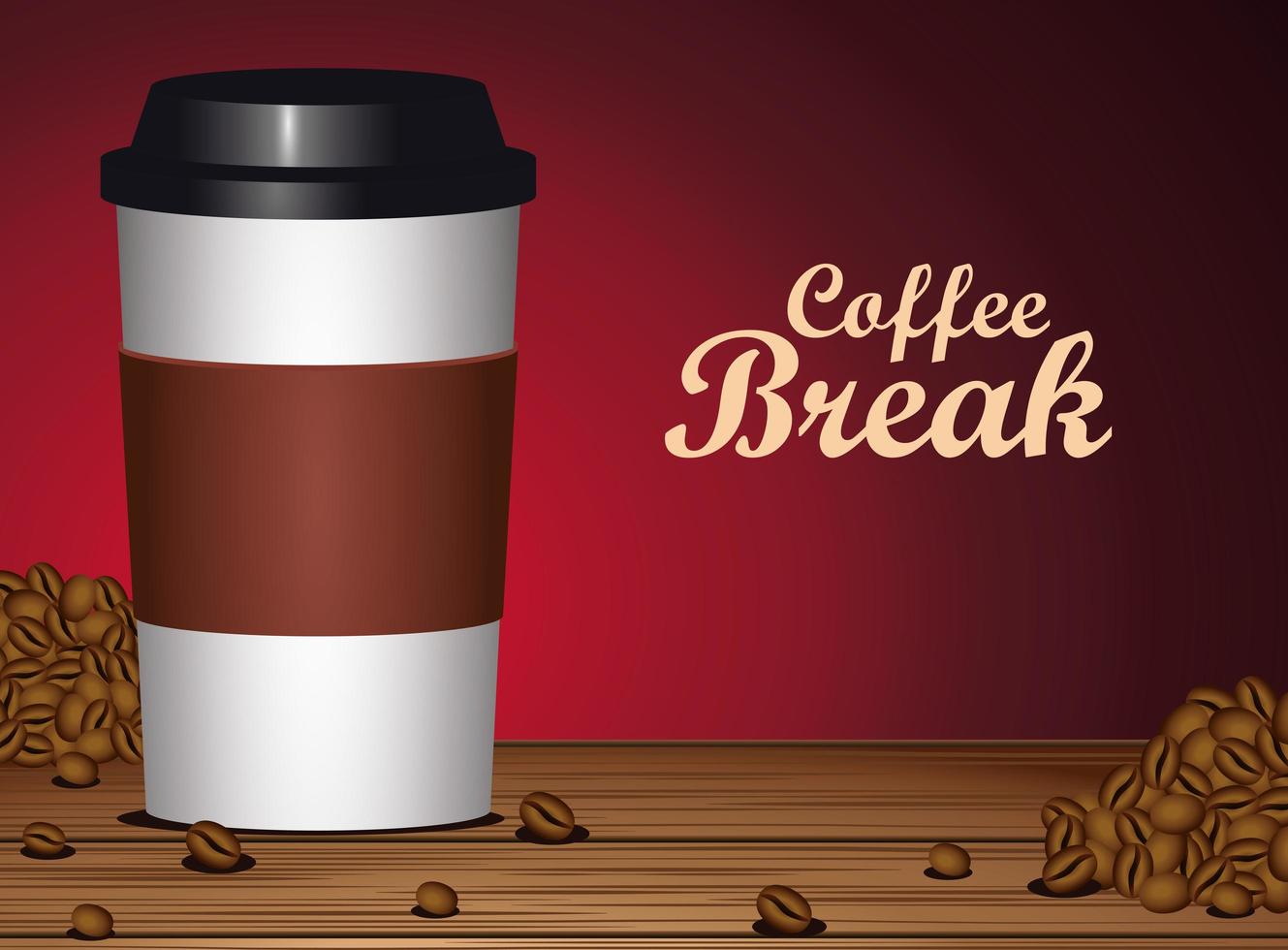 coffee break poster with plastic pot and seeds in wooden table vector