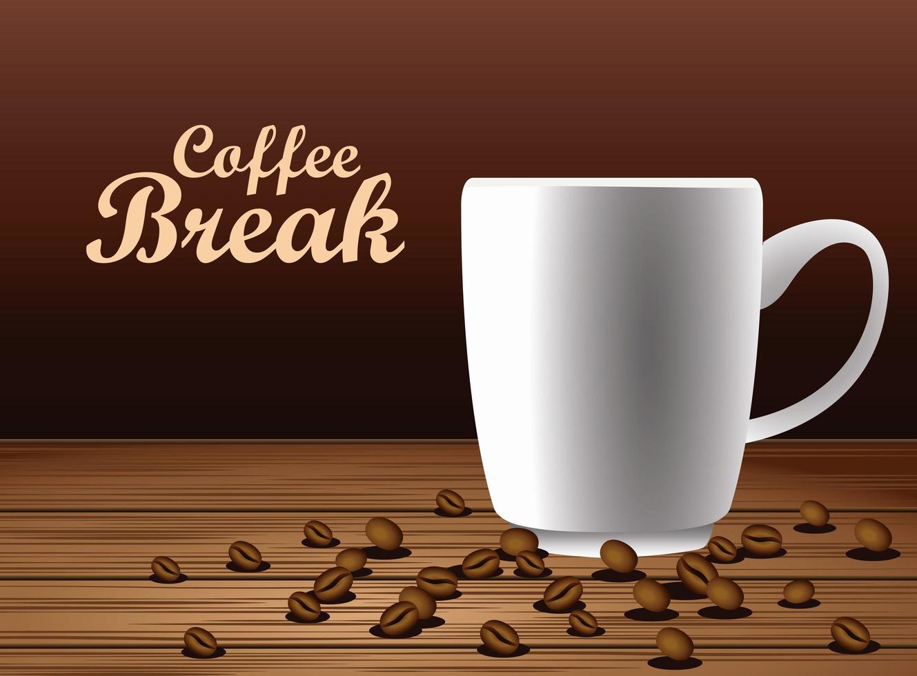 coffee break lettering poster with cup and seeds in wooden table vector