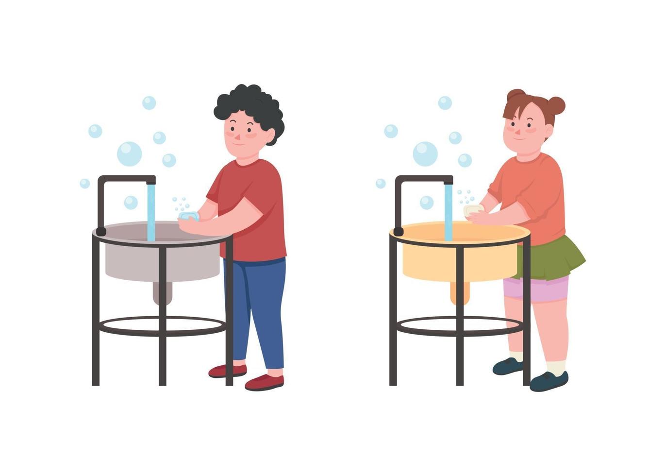 Kids wash hands with soap flat color vector faceless character set