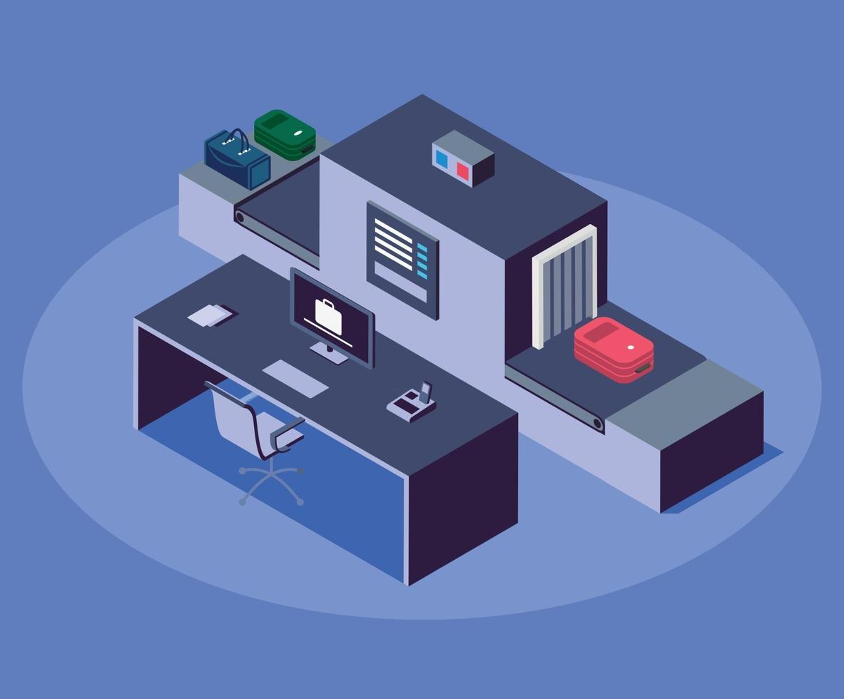 Airport baggage scanner isometric color vector illustration