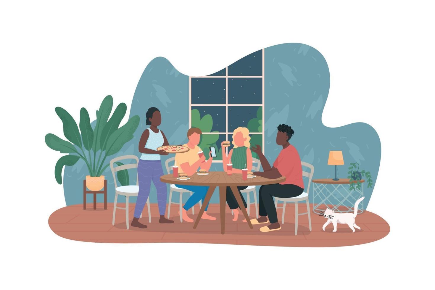 Friends at home eat pizza 2D vector web banner
