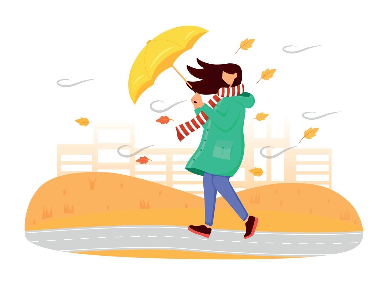 Woman in green raincoat flat color vector faceless character