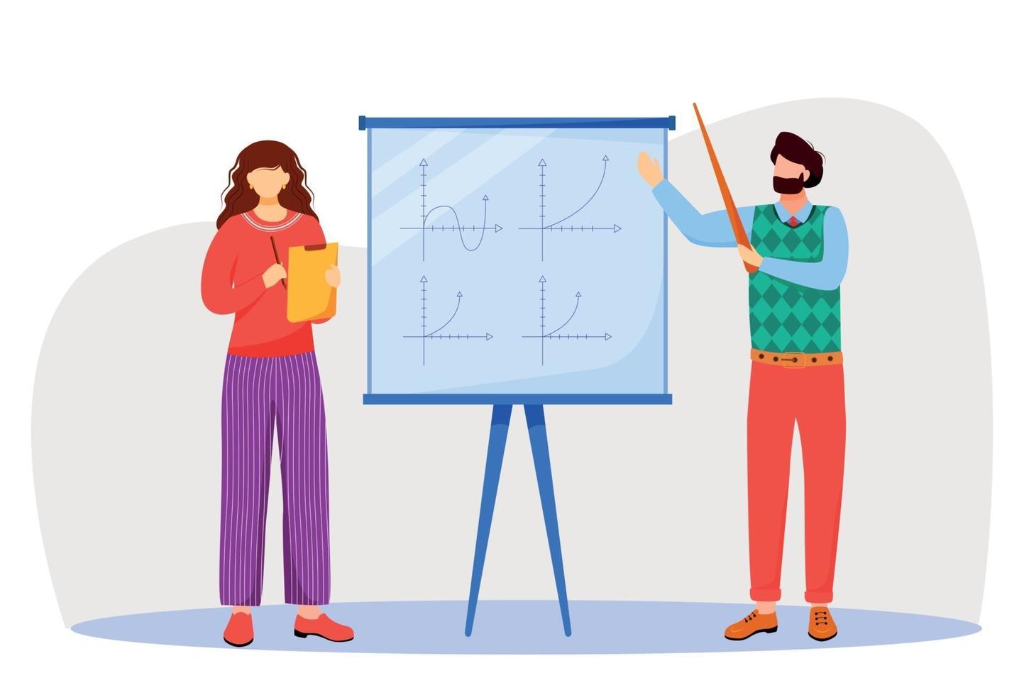 El maestro explica gráficos matemáticos en la ilustración de vector plano de pizarra