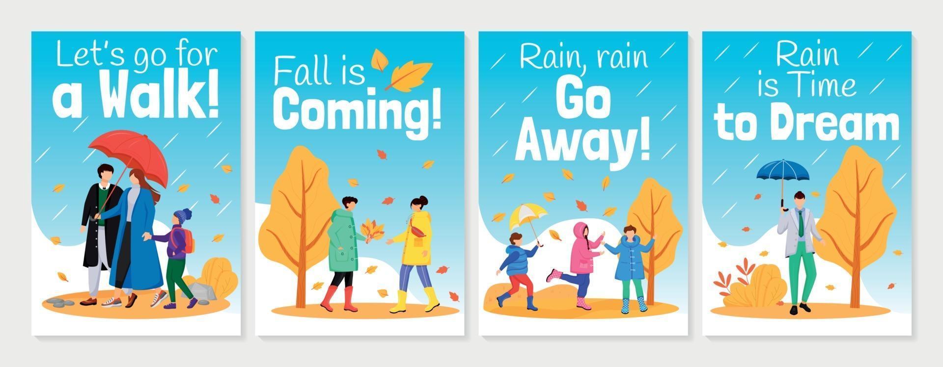 Walking in rain poster flat color vector templates set