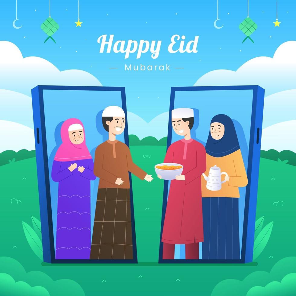 Eid Adha Mubarak Virtual Gathering with Phones Concept vector