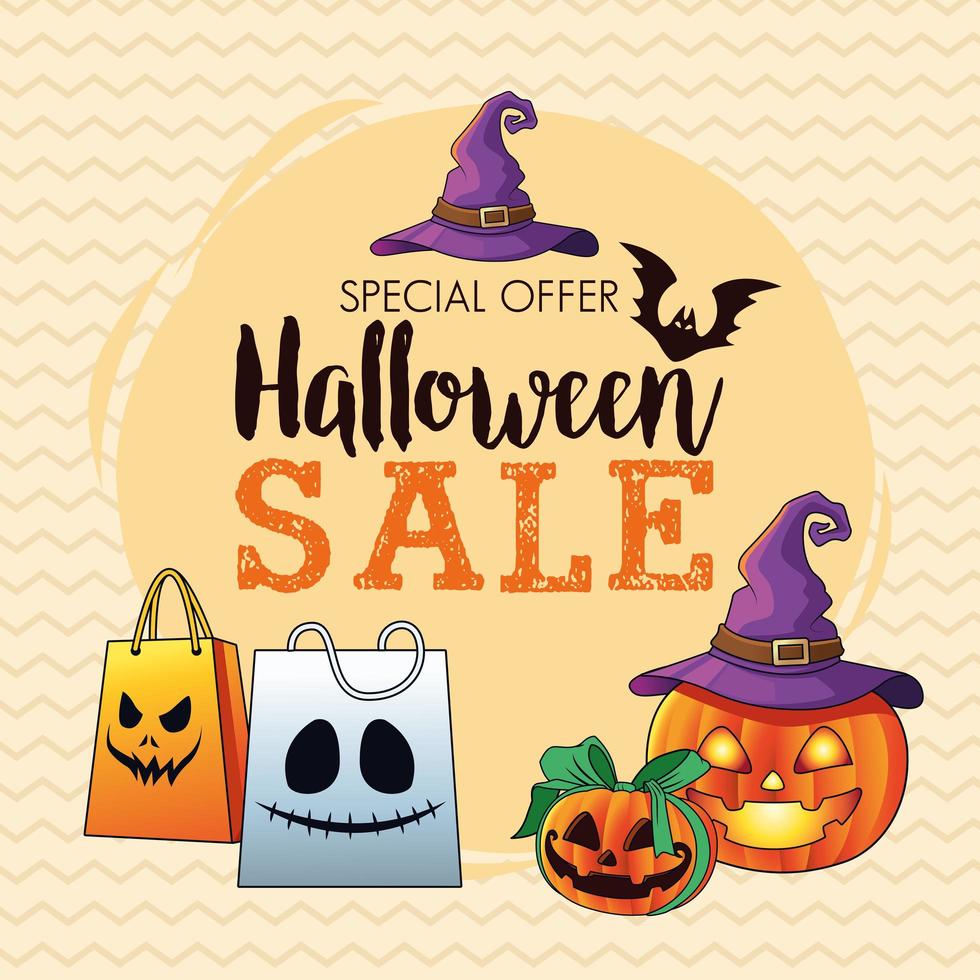 halloween sale seasonal poster with pumpkins wearing witch hat and shopping bags lettering vector