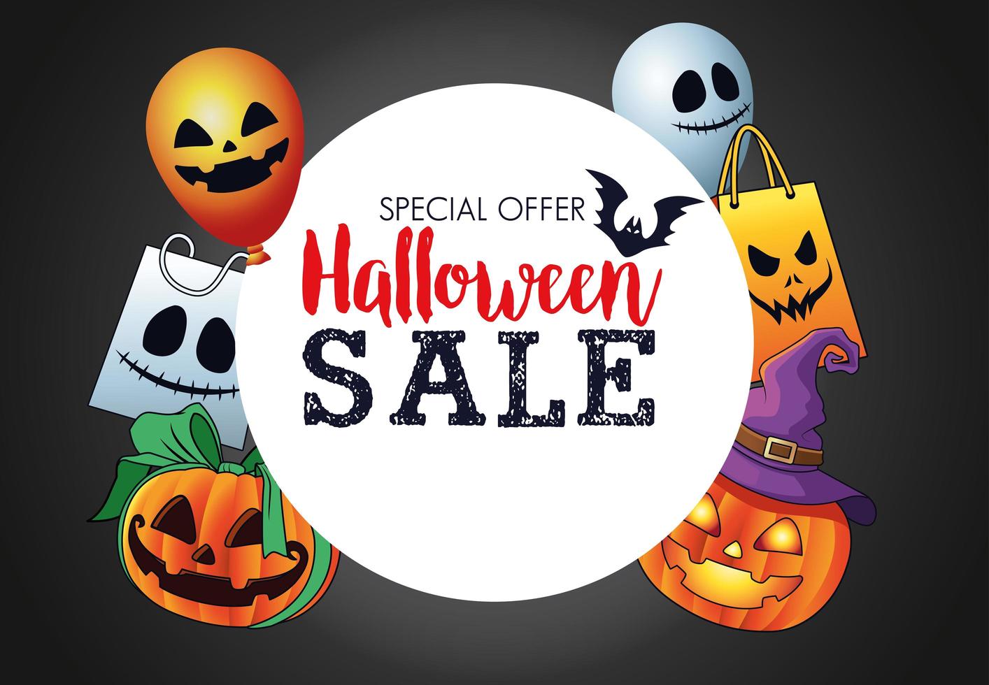 halloween sale seasonal poster with circular frame and set items vector