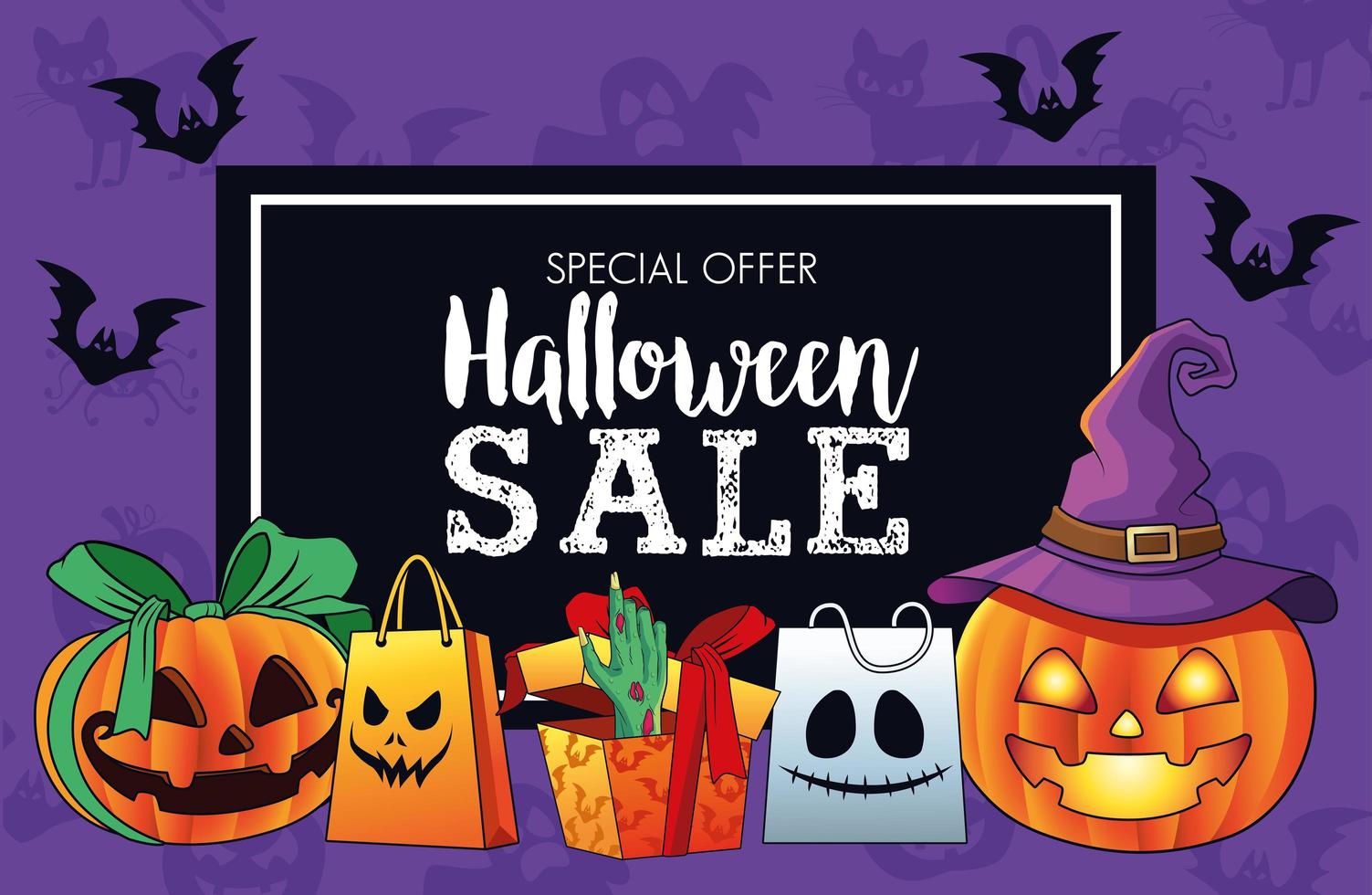 halloween sale seasonal poster with death hand coming out of gift and pumpkins vector