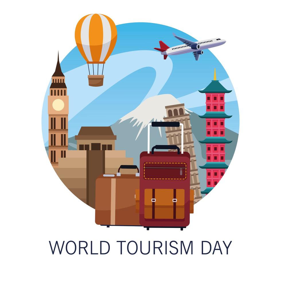 world tourism day lettering celebration with balloons air hot and monuments vector