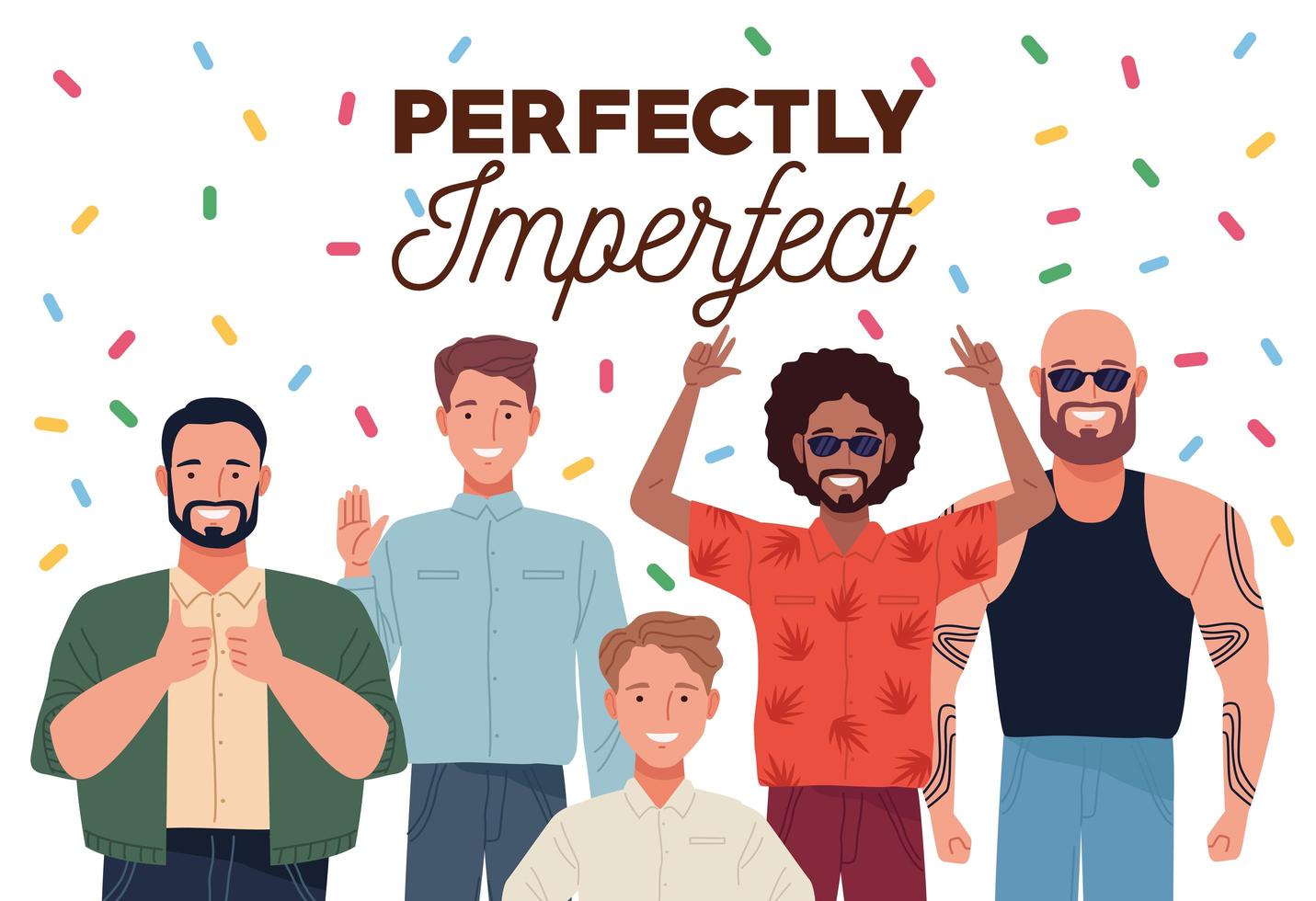 Personajes de grupo de personas perfectamente imperfectos con confeti. vector