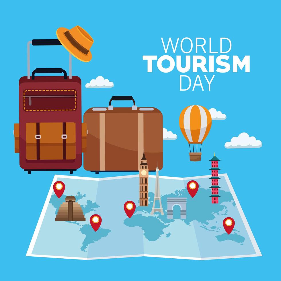 world tourism day lettering celebration with paper map and suitcases vector