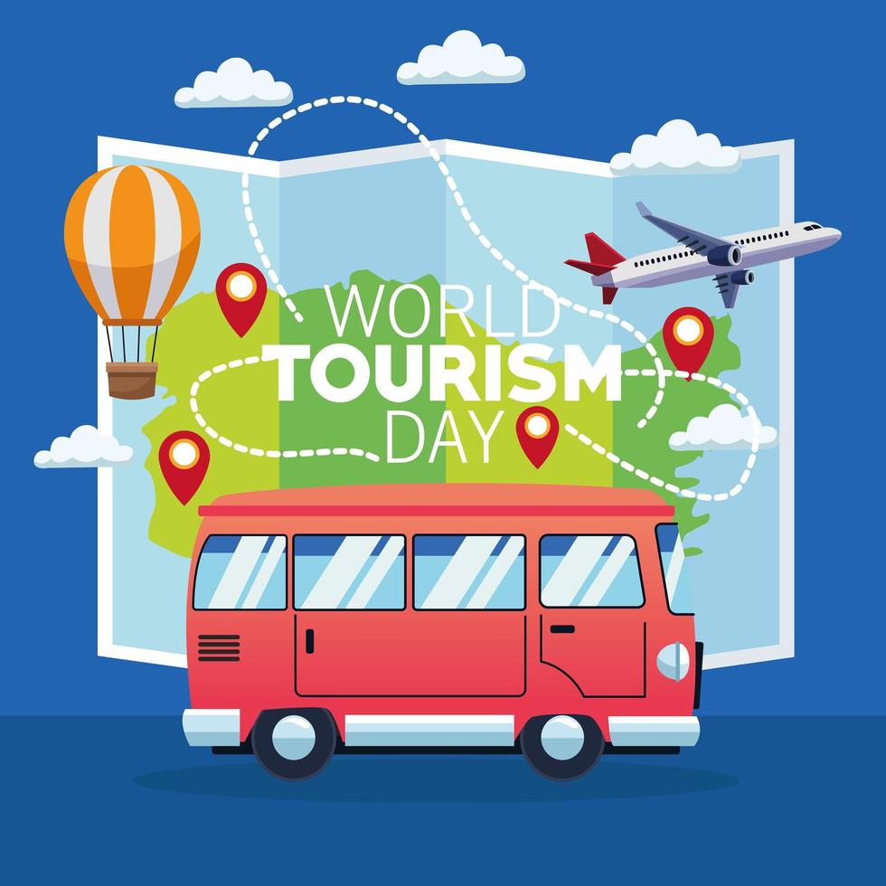 world tourism day lettering celebration with paper map and van vector