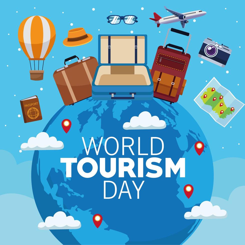 world tourism day lettering celebration with earth planet and set icons vector