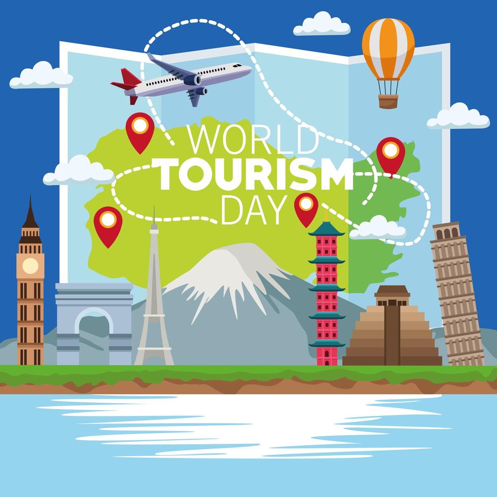 celebración de letras del día mundial del turismo con mapa de papel y monumentos vector