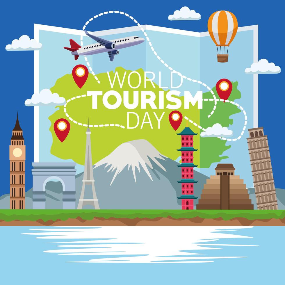 world tourism day lettering celebration with paper map and monuments vector