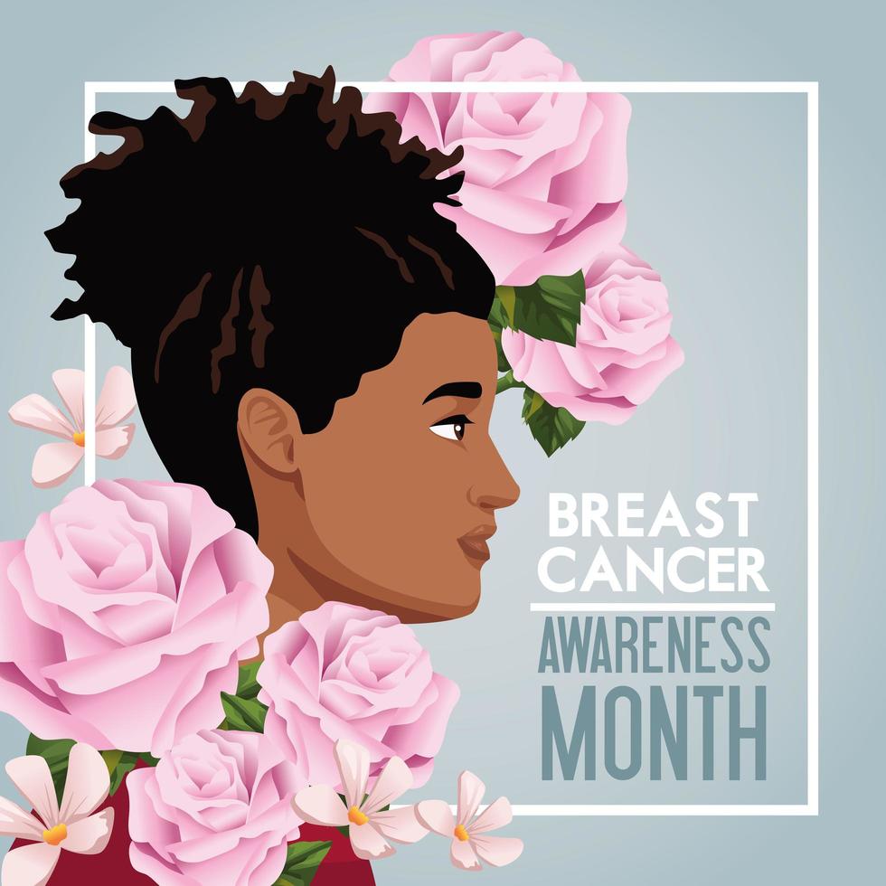 breast cancer awareness month campaign poster with afro woman and roses vector