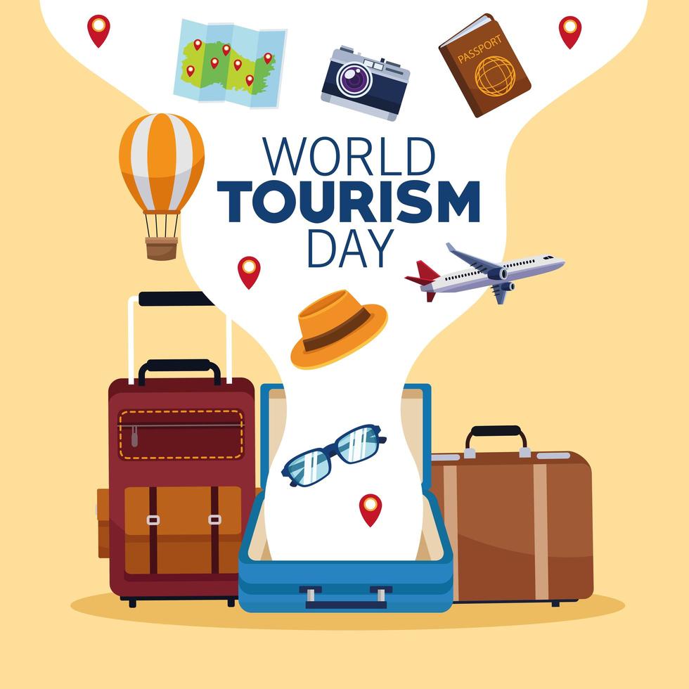 world tourism day lettering celebration with suitcases and monuments vector