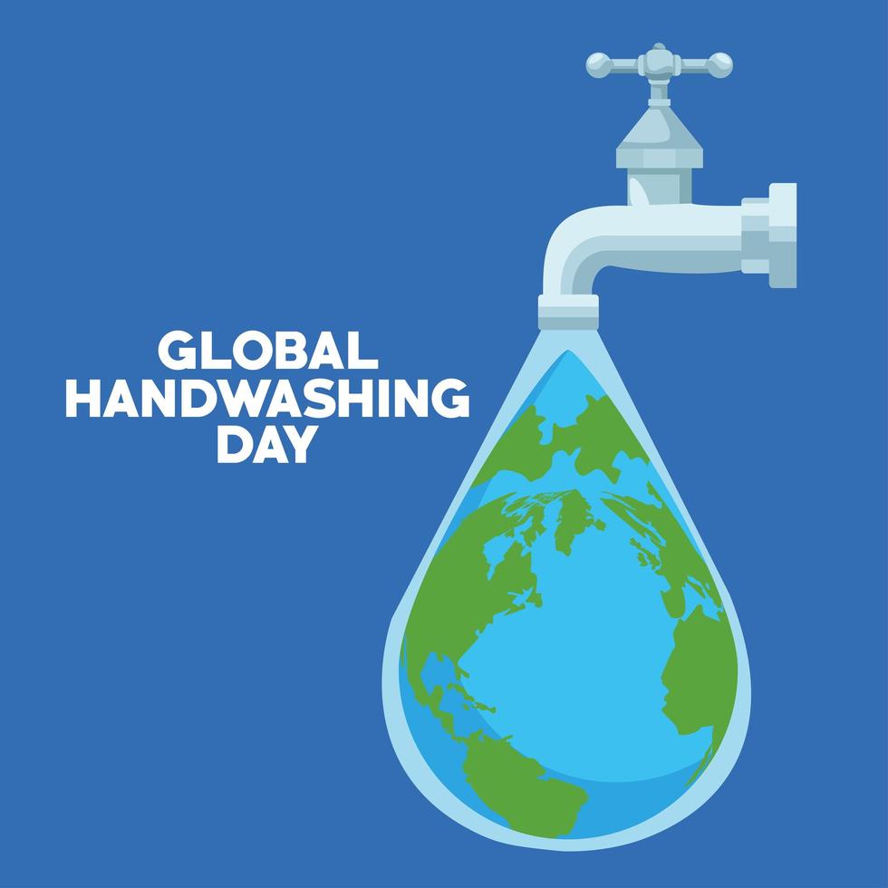 campaña mundial del día del lavado de manos con grifo de agua y planeta tierra en gota vector