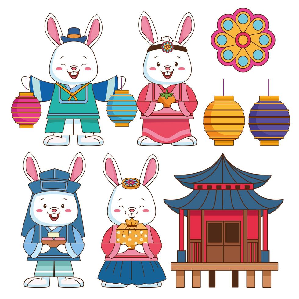 happy chuseok celebration with bundle of set icons vector