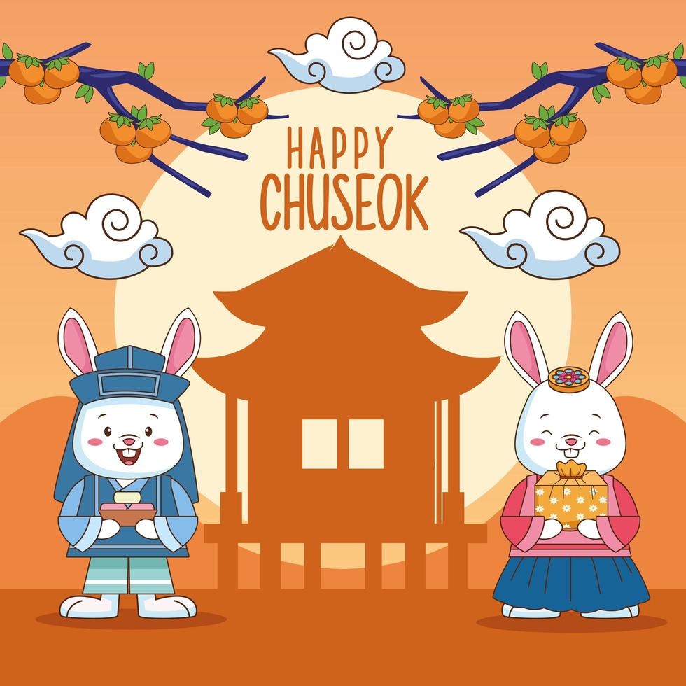 happy chuseok celebration with chinese building silhouette and rabbits couple vector