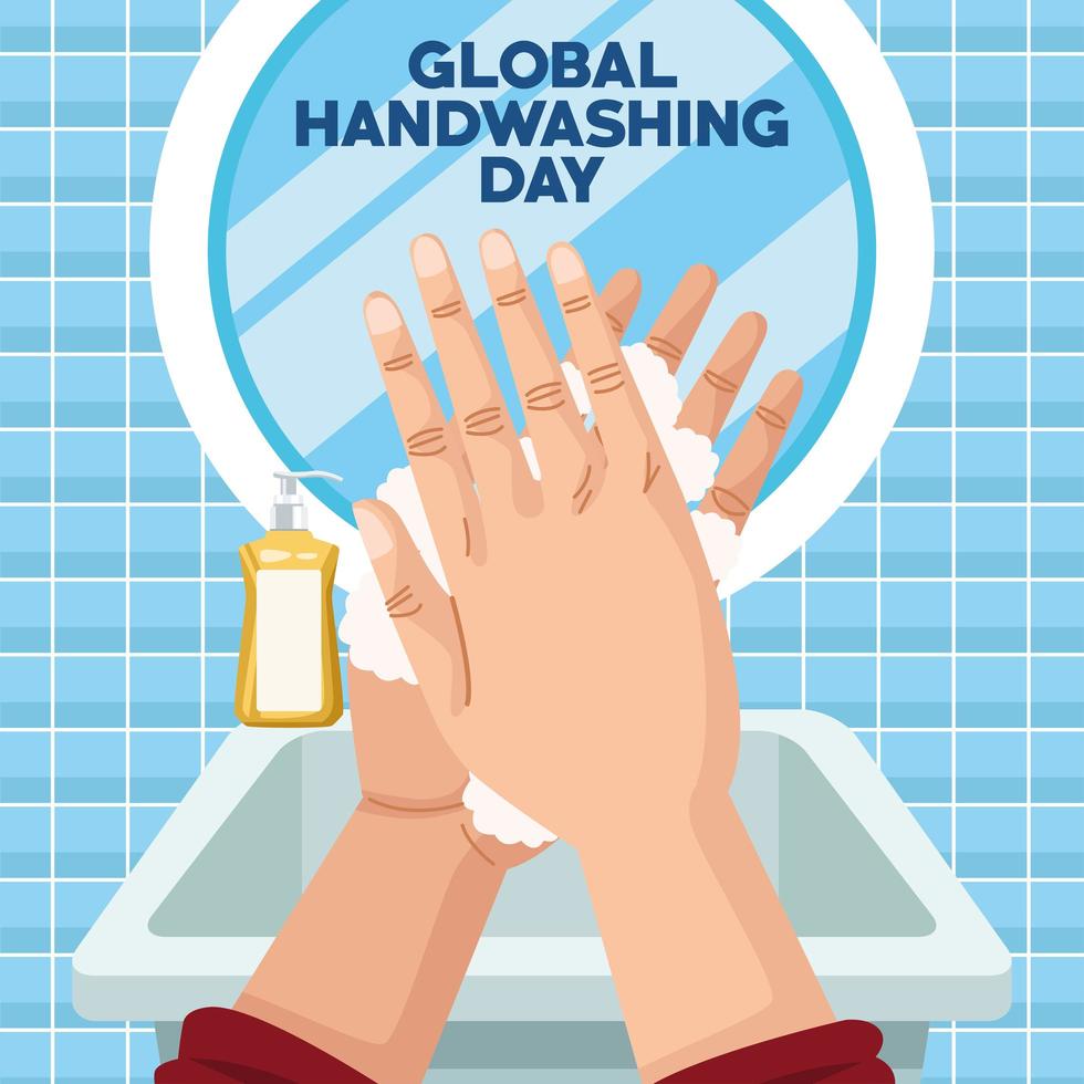 campaña del día mundial del lavado de manos con manos y espuma en el baño vector