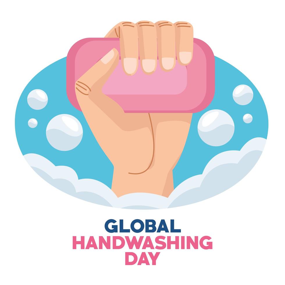 global handwashing day campaign with hand and soap bar vector